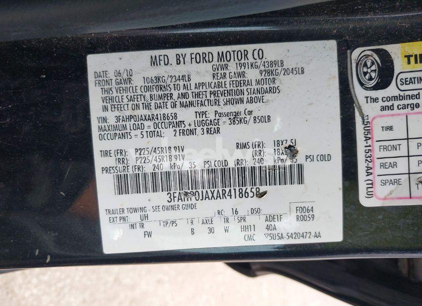 Photo 9 of 2010 Ford Fusion SEL (VIN 3FAHP0JAXAR418658)