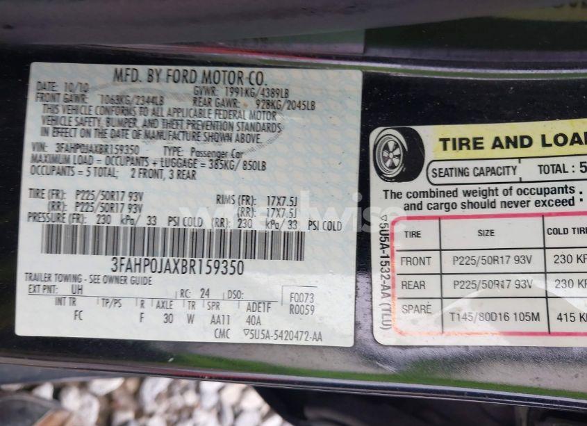 Photo 9 of 2011 Ford Fusion SEL (VIN 3FAHP0JAXBR159350)