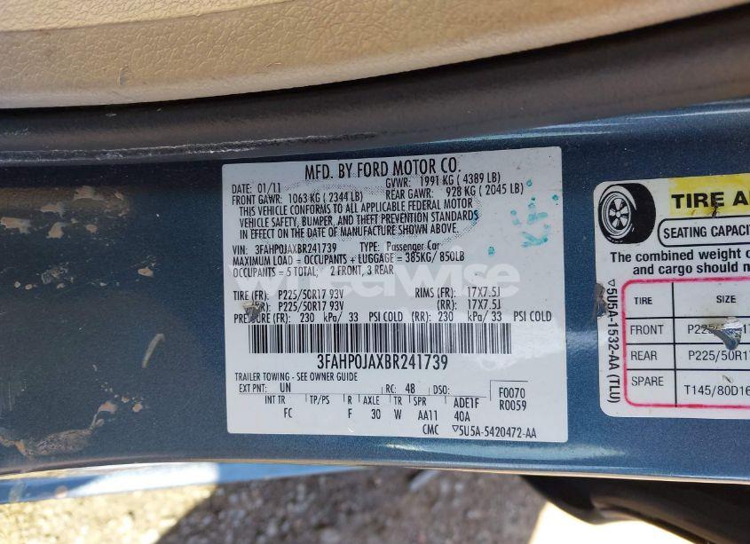 Photo 9 of 2011 Ford Fusion SEL (VIN 3FAHP0JAXBR241739)