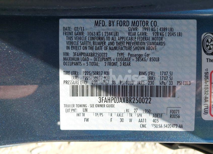 Photo 9 of 2011 Ford Fusion SEL (VIN 3FAHP0JAXBR250022)