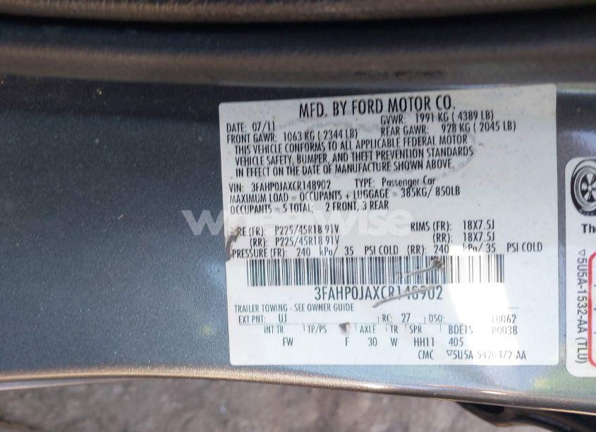 Photo 9 of 2012 Ford Fusion SEL (VIN 3FAHP0JAXCR148902)