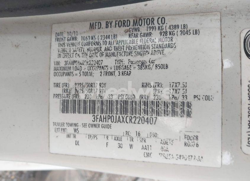 Photo 9 of 2012 Ford Fusion SEL (VIN 3FAHP0JAXCR220407)