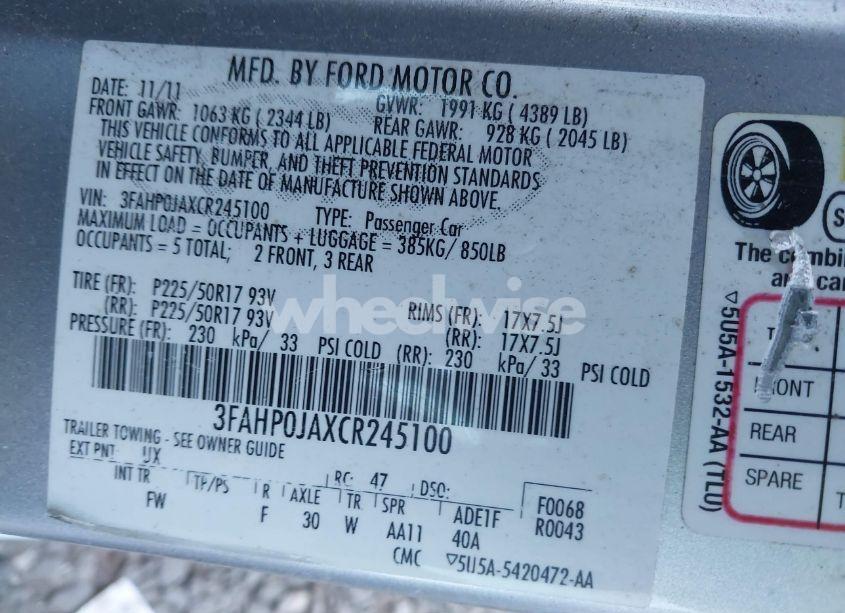 Photo 9 of 2012 Ford Fusion SEL (VIN 3FAHP0JAXCR245100)