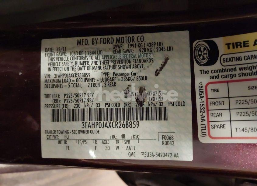 Photo 9 of 2012 Ford Fusion SEL (VIN 3FAHP0JAXCR268859)