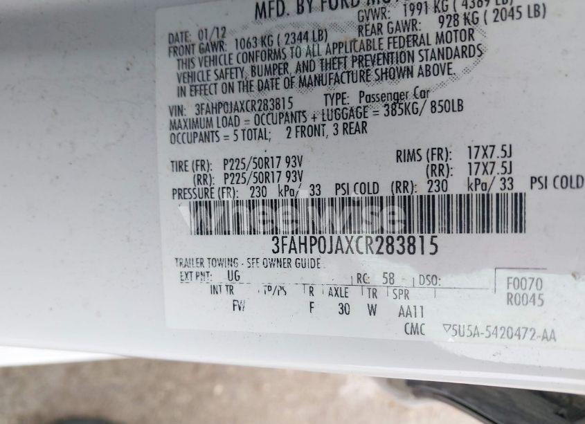 Photo 9 of 2012 Ford Fusion SEL (VIN 3FAHP0JAXCR283815)