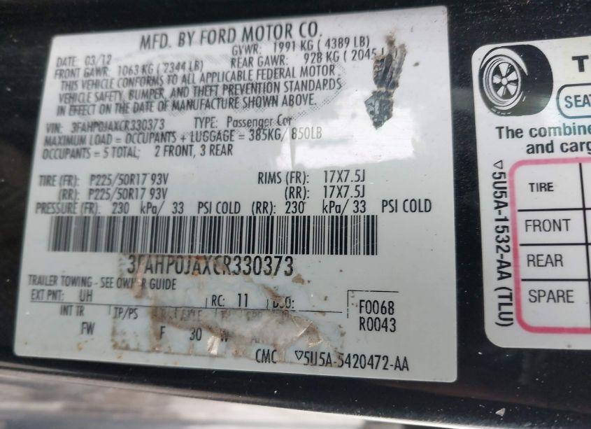 Photo 9 of 2012 Ford Fusion SEL (VIN 3FAHP0JAXCR330373)