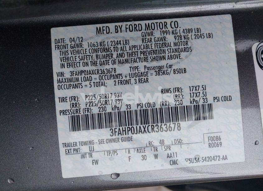 Photo 9 of 2012 Ford Fusion SEL (VIN 3FAHP0JAXCR363678)