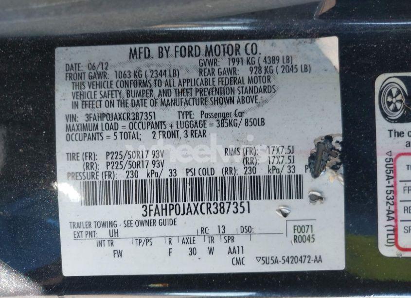 Photo 9 of 2012 Ford Fusion SEL (VIN 3FAHP0JAXCR387351)