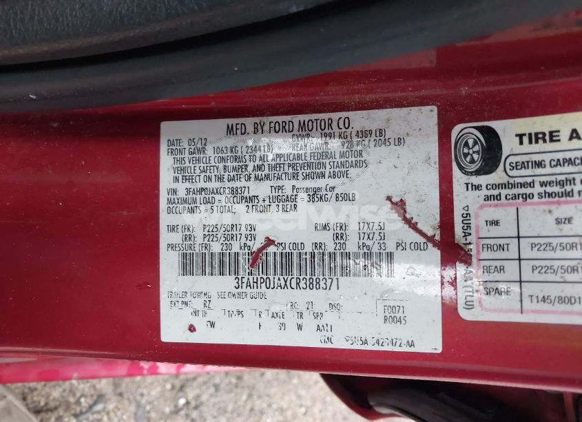 Photo 9 of 2012 Ford Fusion SEL (VIN 3FAHP0JAXCR388371)