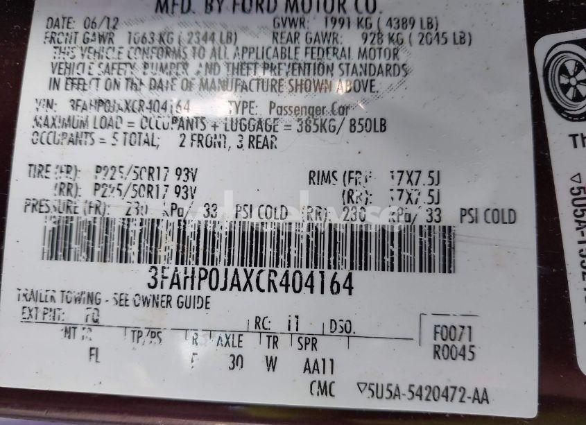 Photo 9 of 2012 Ford Fusion SEL (VIN 3FAHP0JAXCR404164)