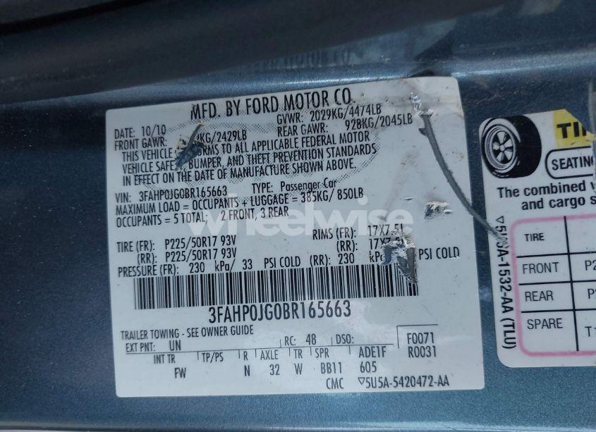 Photo 9 of 2011 Ford Fusion SEL (VIN 3FAHP0JG0BR165663)