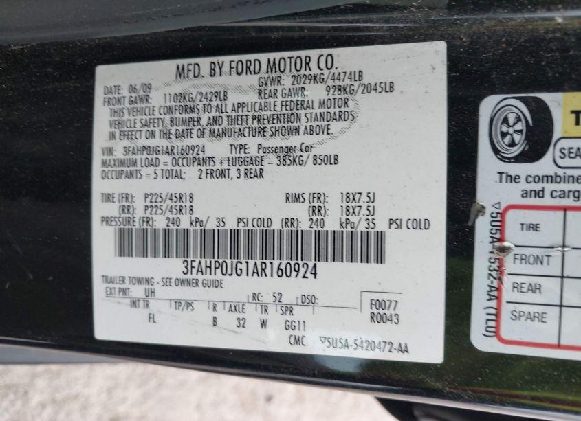 Photo 9 of 2010 Ford Fusion SEL (VIN 3FAHP0JG1AR160924)