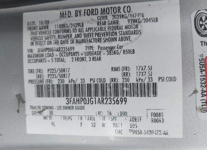 Photo 9 of 2010 Ford Fusion SEL (VIN 3FAHP0JG1AR235699)