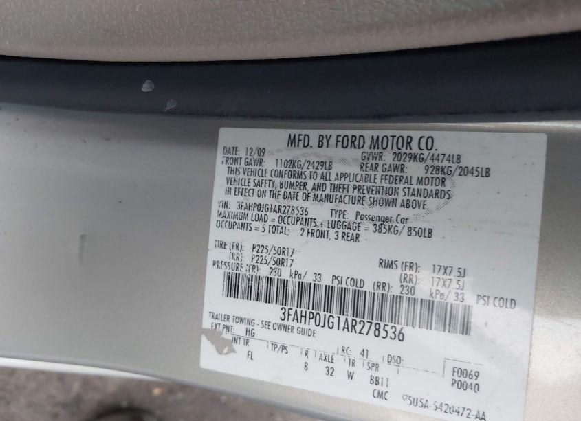 Photo 9 of 2010 Ford Fusion SEL (VIN 3FAHP0JG1AR278536)