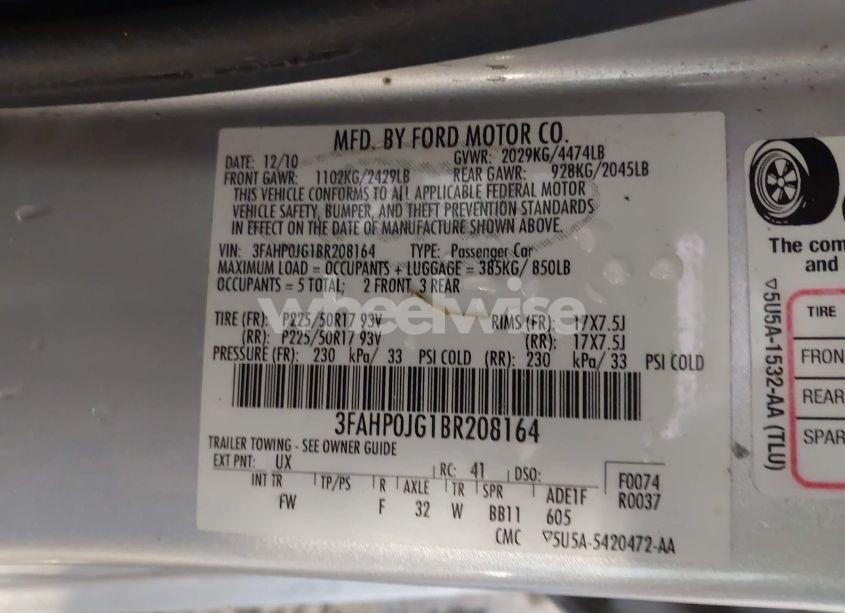 Photo 9 of 2011 Ford Fusion SEL (VIN 3FAHP0JG1BR208164)