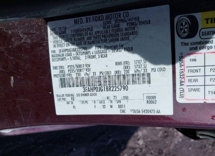 Photo 9 of 2011 Ford Fusion SEL (VIN 3FAHP0JG1BR225790)