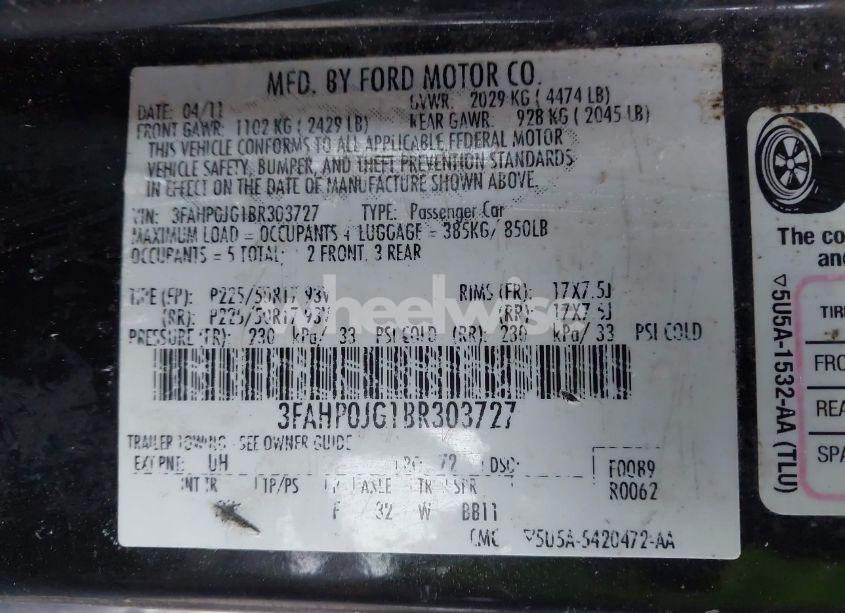 Photo 9 of 2011 Ford Fusion SEL (VIN 3FAHP0JG1BR303727)