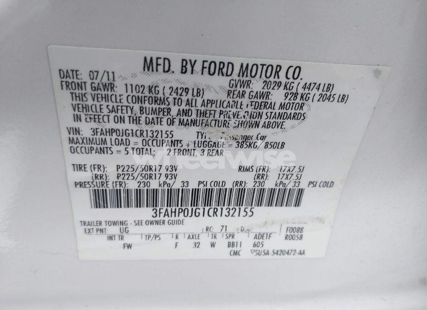 Photo 9 of 2012 Ford Fusion SEL (VIN 3FAHP0JG1CR132155)