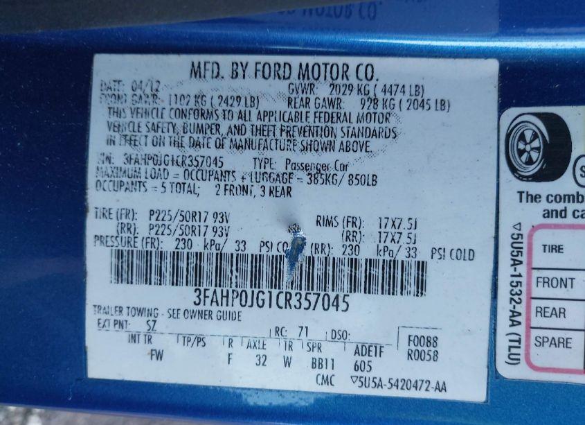 Photo 9 of 2012 Ford Fusion SEL (VIN 3FAHP0JG1CR357045)