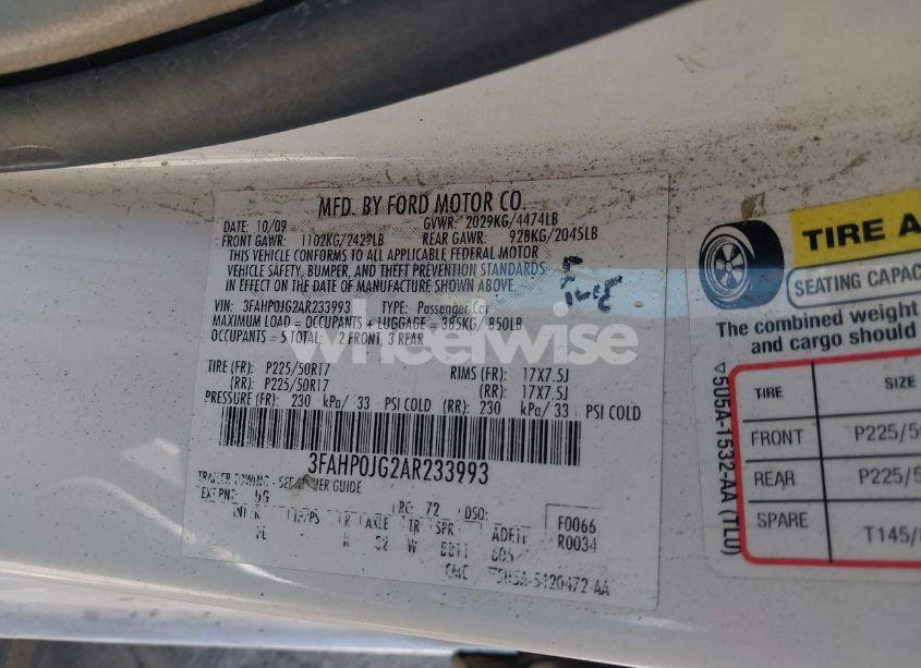 Photo 9 of 2010 Ford Fusion SEL (VIN 3FAHP0JG2AR233993)