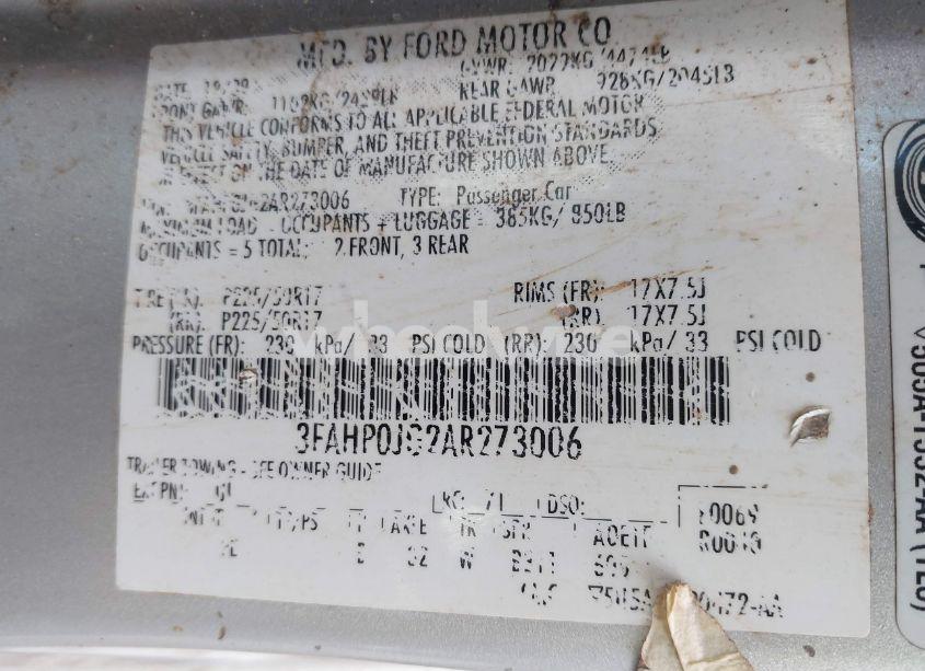 Photo 9 of 2010 Ford Fusion SEL (VIN 3FAHP0JG2AR273006)