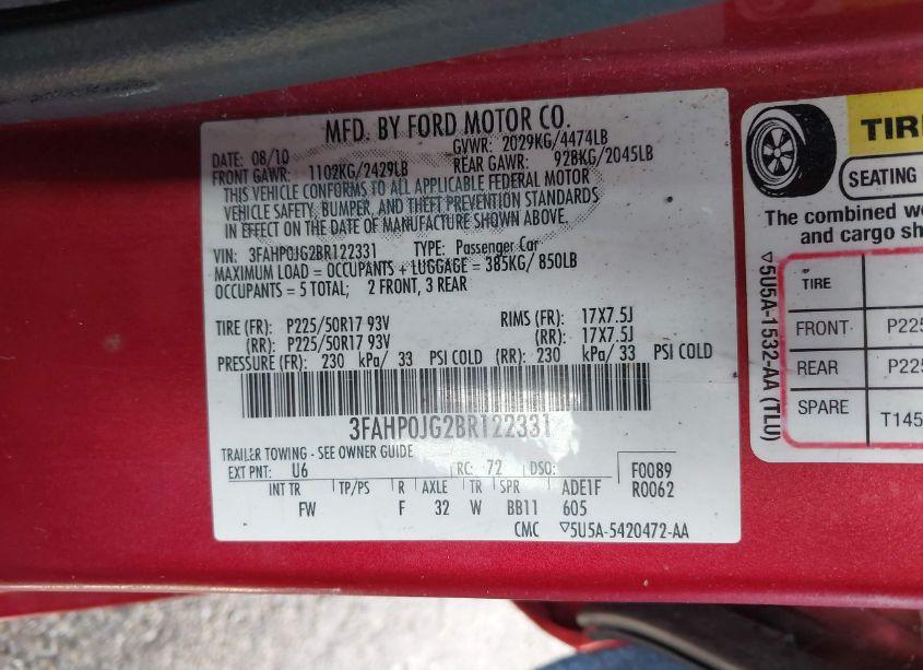 Photo 9 of 2011 Ford Fusion SEL (VIN 3FAHP0JG2BR122331)