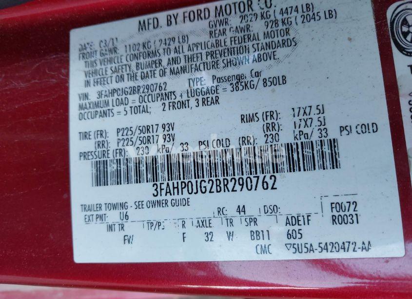 Photo 9 of 2011 Ford Fusion SEL (VIN 3FAHP0JG2BR290762)