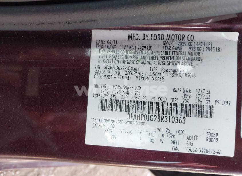 Photo 8 of 2011 Ford Fusion SEL (VIN 3FAHP0JG2BR310363)