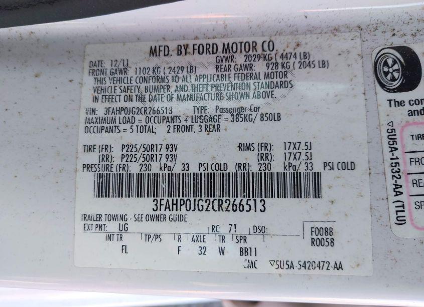 Photo 9 of 2012 Ford Fusion SEL (VIN 3FAHP0JG2CR266513)