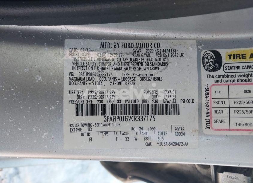 Photo 9 of 2012 Ford Fusion SEL (VIN 3FAHP0JG2CR337175)