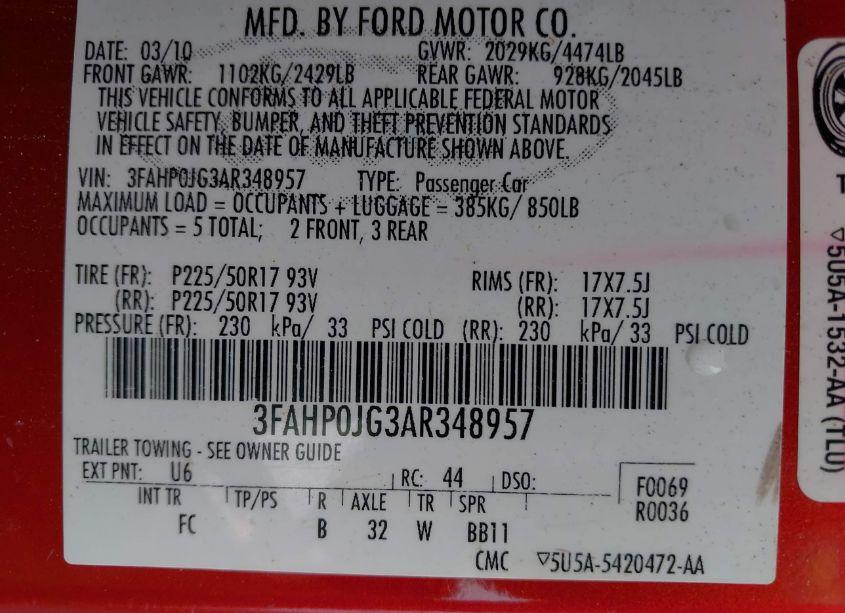 Photo 9 of 2010 Ford Fusion SEL (VIN 3FAHP0JG3AR348957)