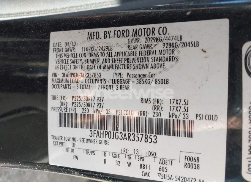 Photo 9 of 2010 Ford Fusion SEL (VIN 3FAHP0JG3AR357853)