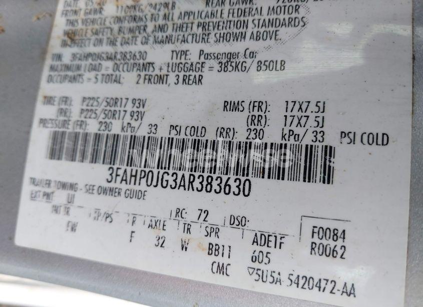 Photo 9 of 2010 Ford Fusion SEL (VIN 3FAHP0JG3AR383630)