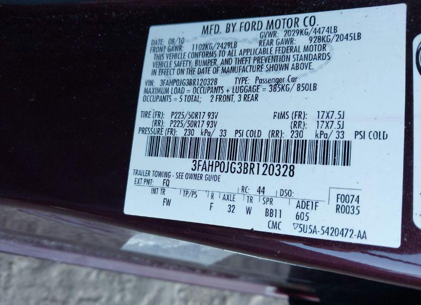 Photo 9 of 2011 Ford Fusion SEL (VIN 3FAHP0JG3BR120328)