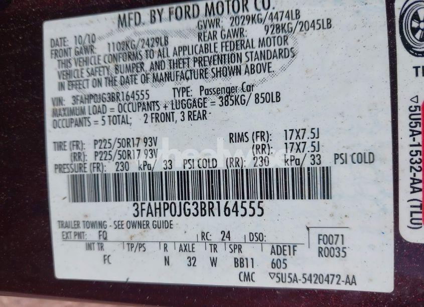 Photo 9 of 2011 Ford Fusion SEL (VIN 3FAHP0JG3BR164555)