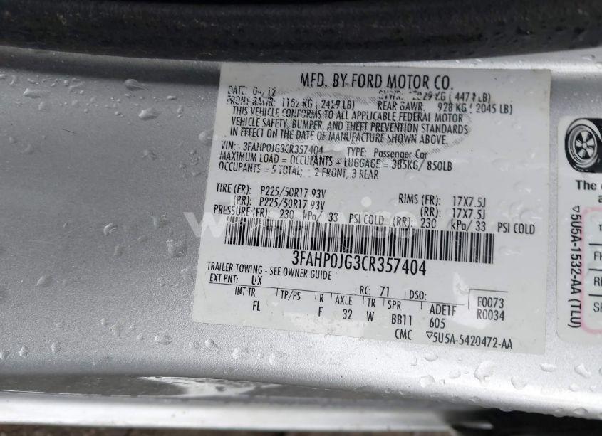 Photo 9 of 2012 Ford Fusion SEL (VIN 3FAHP0JG3CR357404)