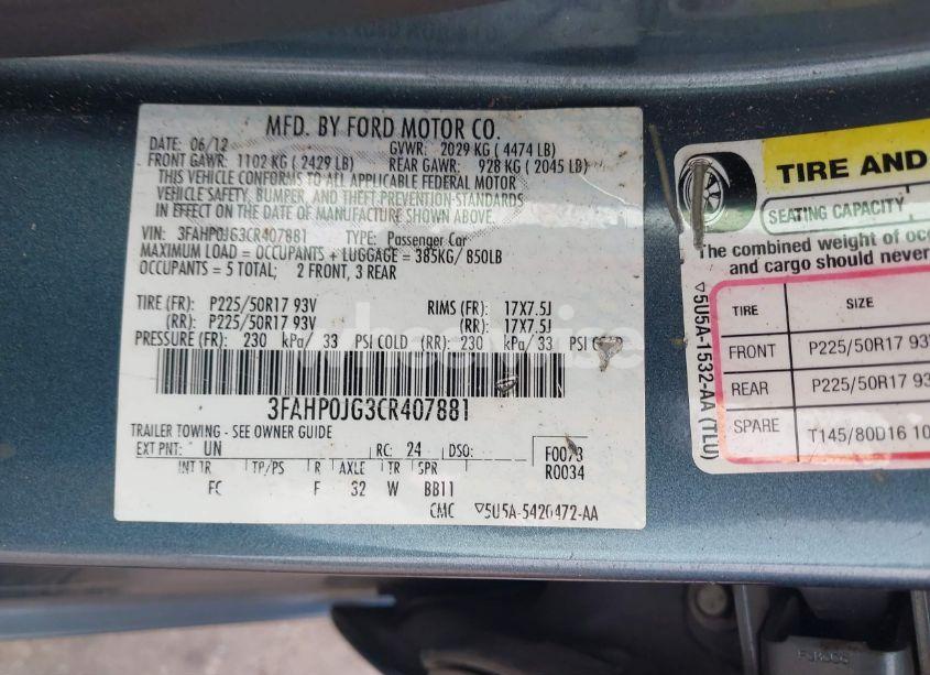 Photo 9 of 2012 Ford Fusion SEL (VIN 3FAHP0JG3CR407881)