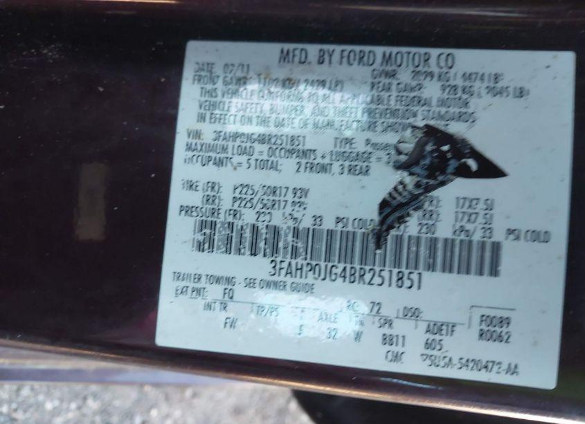 Photo 9 of 2011 Ford Fusion SEL (VIN 3FAHP0JG4BR251851)