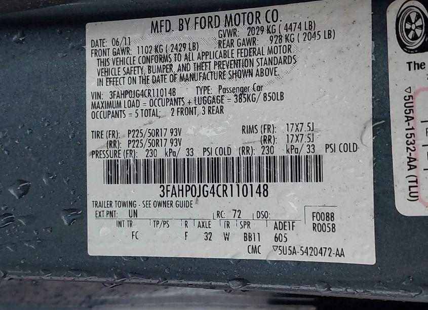 Photo 9 of 2012 Ford Fusion SEL (VIN 3FAHP0JG4CR110148)