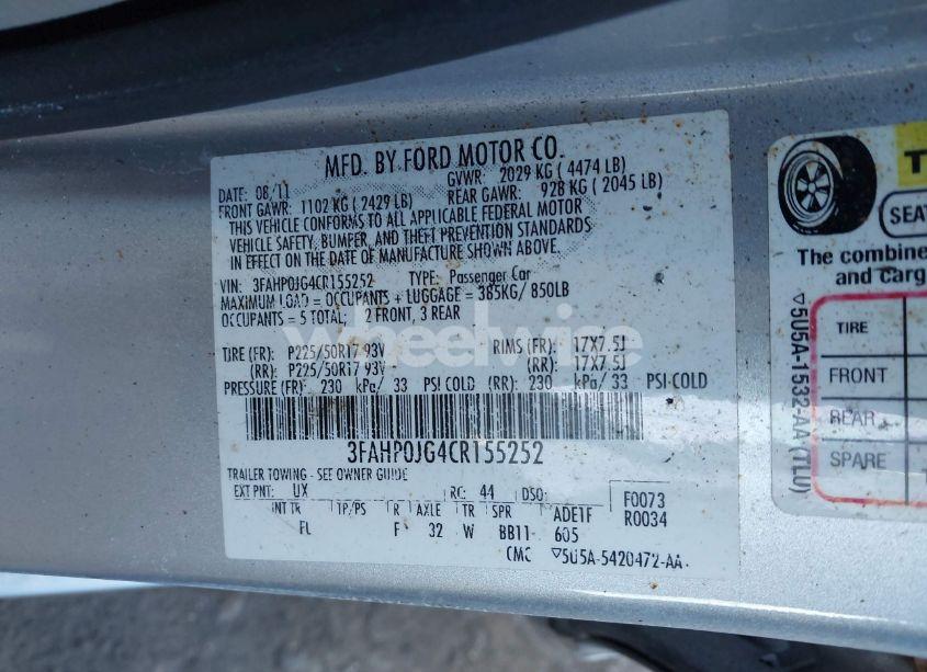 Photo 9 of 2012 Ford Fusion SEL (VIN 3FAHP0JG4CR155252)