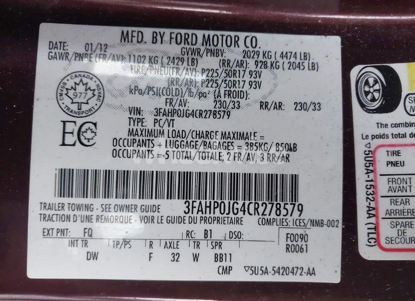 Photo 9 of 2012 Ford Fusion SEL (VIN 3FAHP0JG4CR278579)