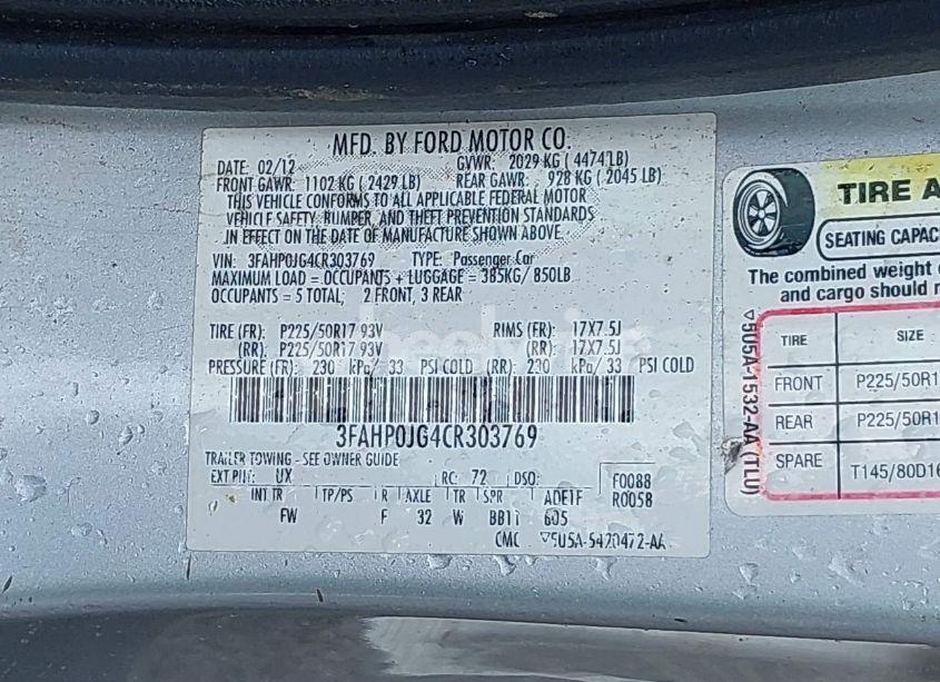 Photo 9 of 2012 Ford Fusion SEL (VIN 3FAHP0JG4CR303769)