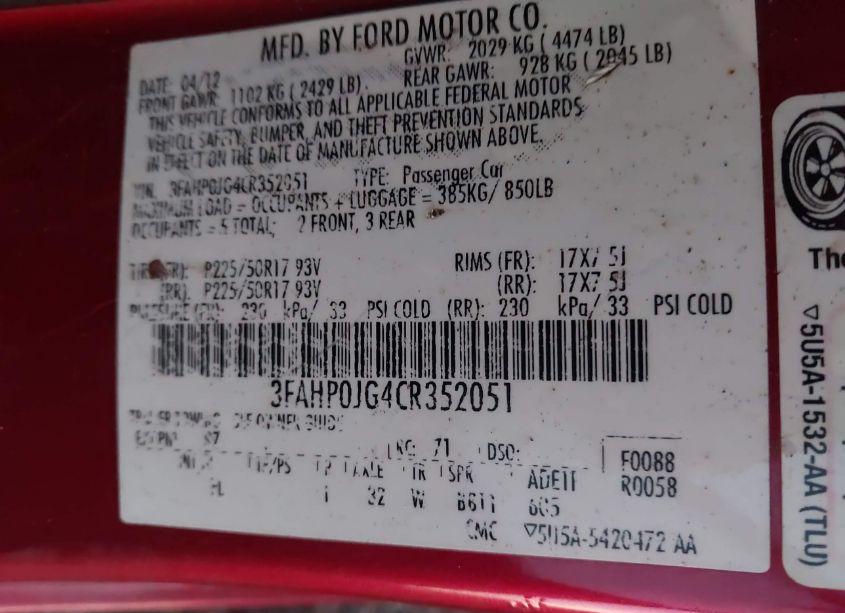 Photo 9 of 2012 Ford Fusion SEL (VIN 3FAHP0JG4CR352051)