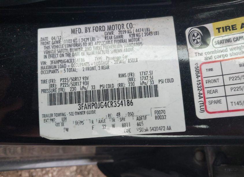 Photo 9 of 2012 Ford Fusion SEL (VIN 3FAHP0JG4CR354186)