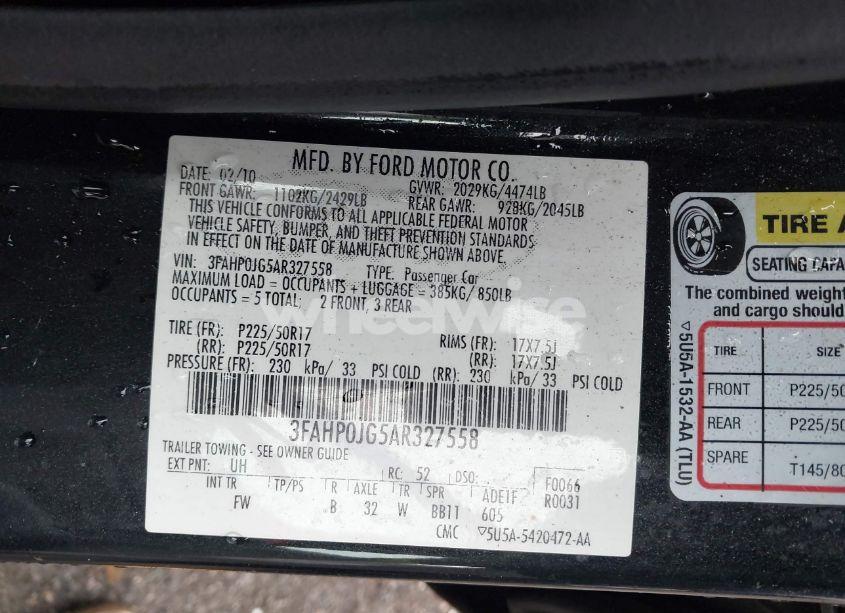 Photo 9 of 2010 Ford Fusion SEL (VIN 3FAHP0JG5AR327558)