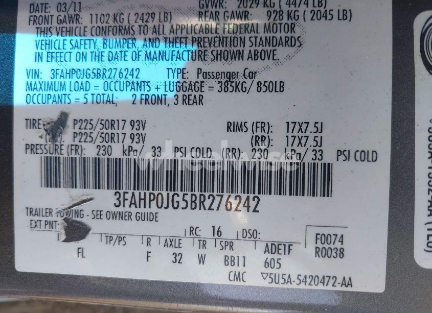 Photo 9 of 2011 Ford Fusion SEL (VIN 3FAHP0JG5BR276242)