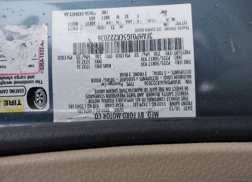 Photo 9 of 2012 Ford Fusion SEL (VIN 3FAHP0JG5CR222036)