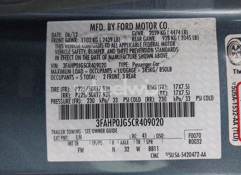 Photo 9 of 2012 Ford Fusion SEL (VIN 3FAHP0JG5CR409020)