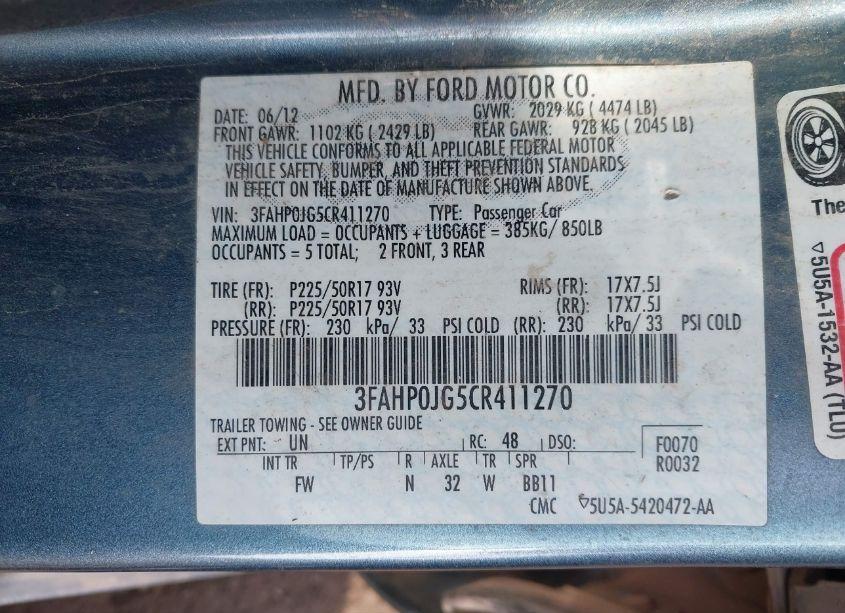 Photo 9 of 2012 Ford Fusion SEL (VIN 3FAHP0JG5CR411270)