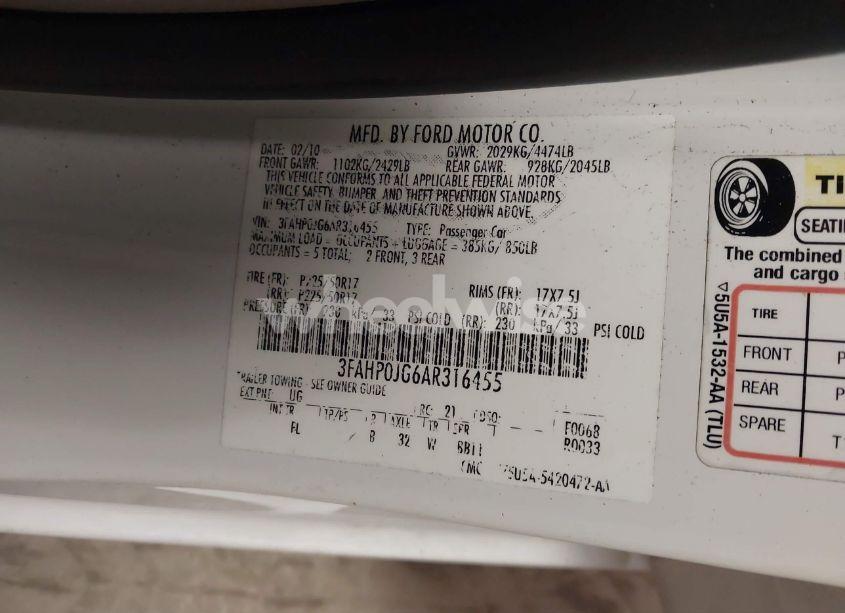 Photo 9 of 2010 Ford Fusion SEL (VIN 3FAHP0JG6AR316455)